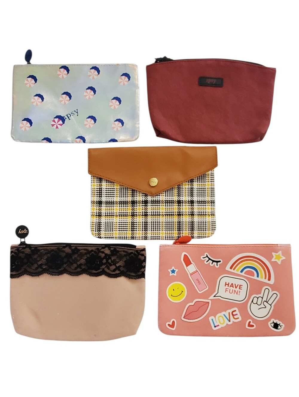 IPSY Bags Set of 5 Assorted Cosmetic Bags Umbrella Bat Plaid Lace Posi-Vibes